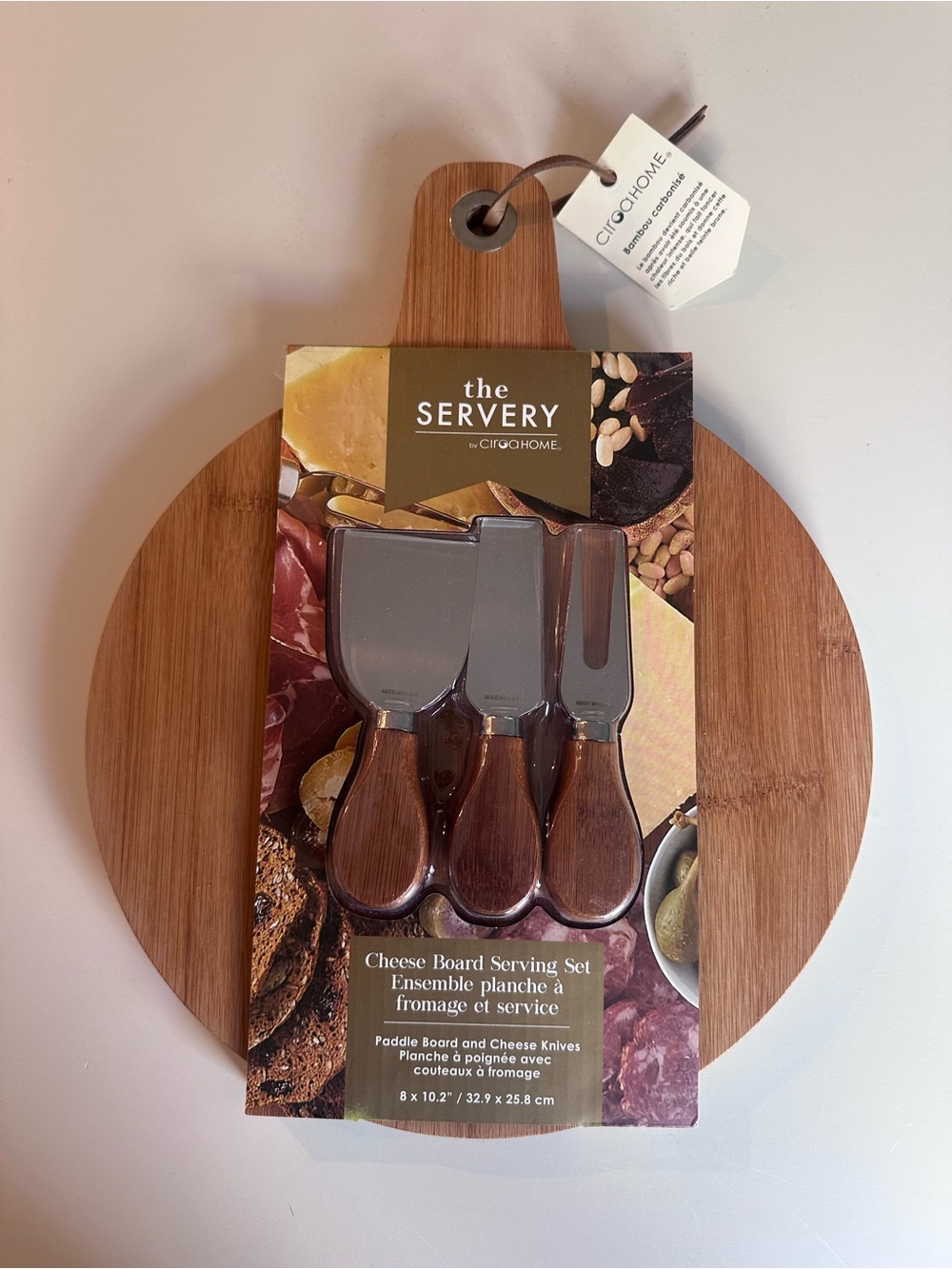 Ciroa Bamboo Paddle Cheese Board & Brown-Handled Knife Set